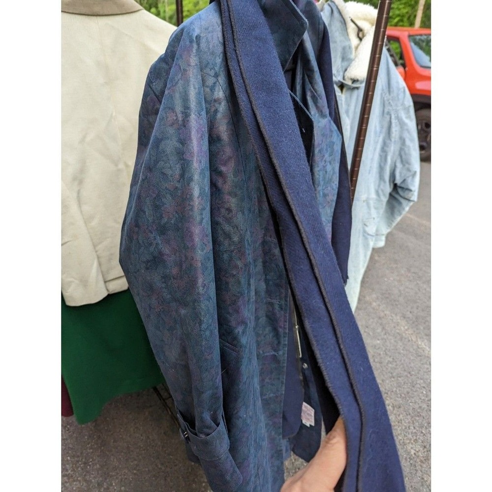 Vintage Dark Academia Quiet Luxury London Fog Blue/Purple Floral Trench Coat 12P - Picture 7 of 11